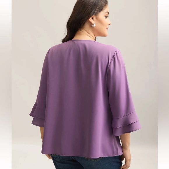 BloomChic Plus Size Solid Ribbon Tied Collar Bell Sleeve Blouse - Picture 2 of 6